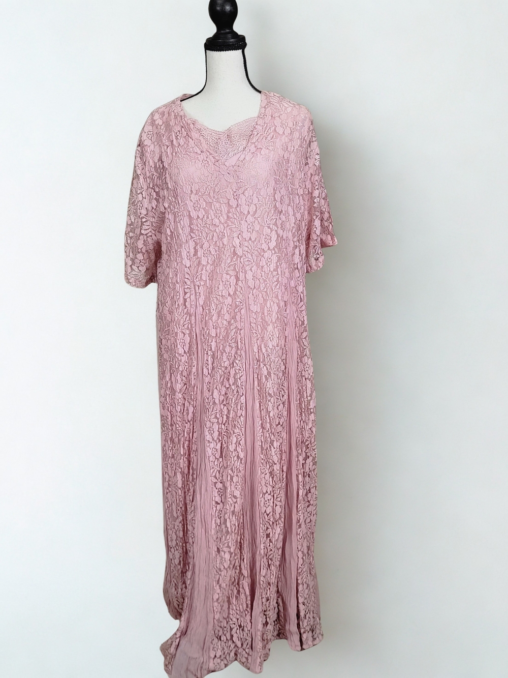 Vintage 90s Blush Long Lace Maxi Dress Cottagecore Romantic XL Short Sleeve